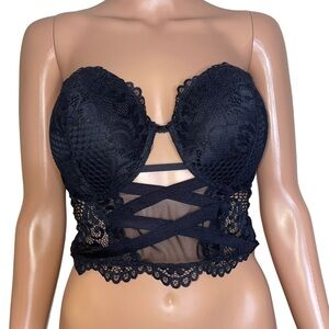 La Senza black lace corset bustier strapless mesh underlay 34 DD lingerie